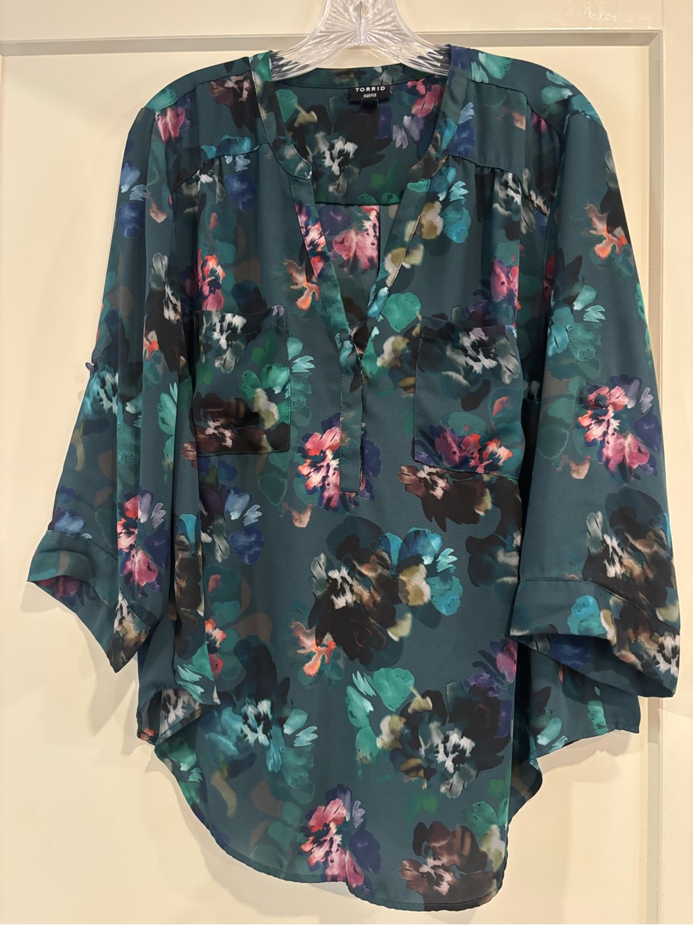 Torrid Teal Floral V-Neck Blouse